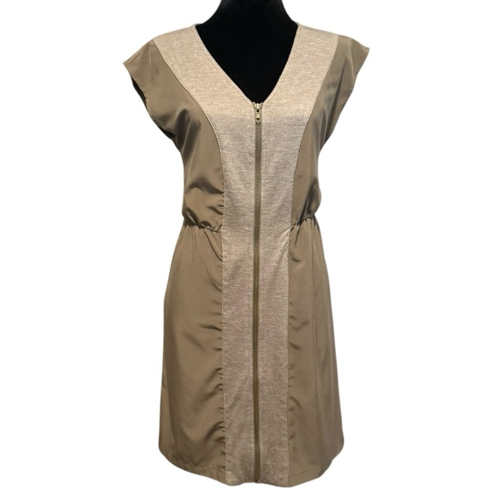 Theme Dress Size S Sheath Taupe Front Exposed Zipper Mini-Knee Length EUC